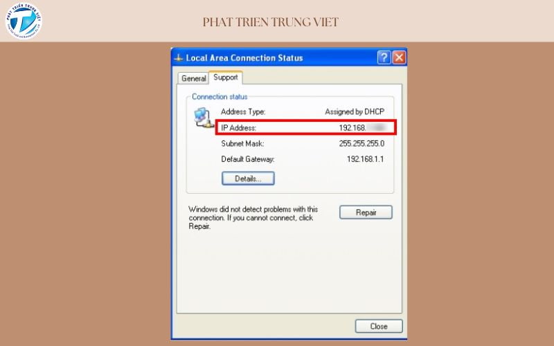 Địa chỉ IP của máy tính sẽ được hiển thị rõ ràng